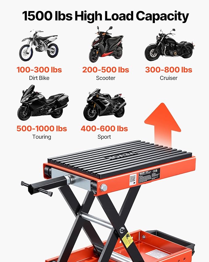 VEVOR Motorcycle Lift, 1500 lbs Motorcycle Scissor Lift Jack with Wide Deck & Lock Pin, 4.13"-13.77" Center Hoist Crank Stand, Steel Scissor Jack for Street Bikes, Cruiser Bikes, Touring Motorcycles