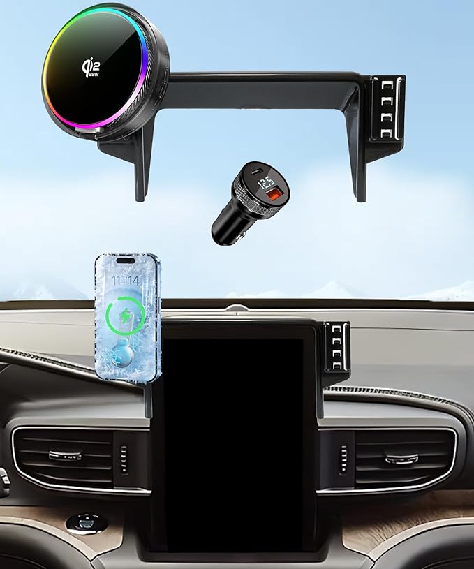 Qi2.2 25W Magnetic Car Mount Charger for 2020 2021 2022 2023 2024 Ford Explorer Accessories, for Fast Charging Cell Phone Holder 10.1 Inch Screen Fixed Clip with Cooling Fan＆54W Fast Adapter