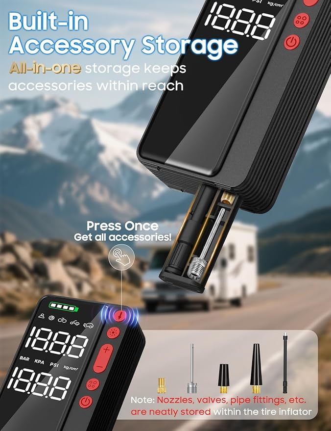 MATULSA Tire Inflator Portable Air Compressor, Smart APP Control Air Pump for Car Tires, 10000mAh, 4X Faster 150PSI Bike Pump with All-in-One Storage, LED Light & Auto Shut-Off for Motorcycles, Balls