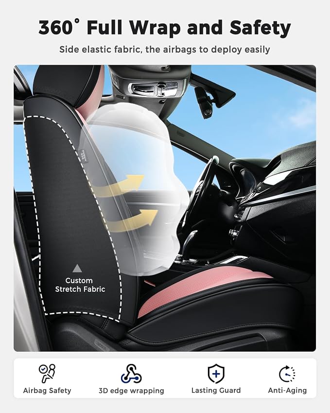 Huidasource Full Set Car Seat Covers, Premium Waterproof Faux Leather, Universal Fit for Most Cars, SUVs & Trucks, Airbag Safe, Quick to Install, Black & Pink