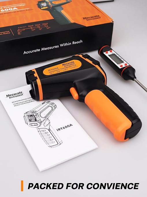 Mecurate Infrared Thermometer Gun -58°F to 1112°F, Laser Temperature Gun with Adjustable Emissivity, Max/Min/Hold for Cooking, BBQ, Freezer, Industrial Use,with Long Probe Meat Thermometer