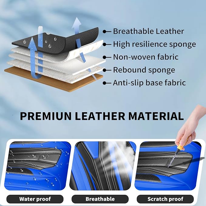 Fit Gladiator Car Seat Covers Premium Leather for Jeep Gladiator 2021-2025 2026. Waterproof， Anti-Slip, Scratch-Resistant & All-Weather Seat Cushion Protector (Full Set, Blue&Black)