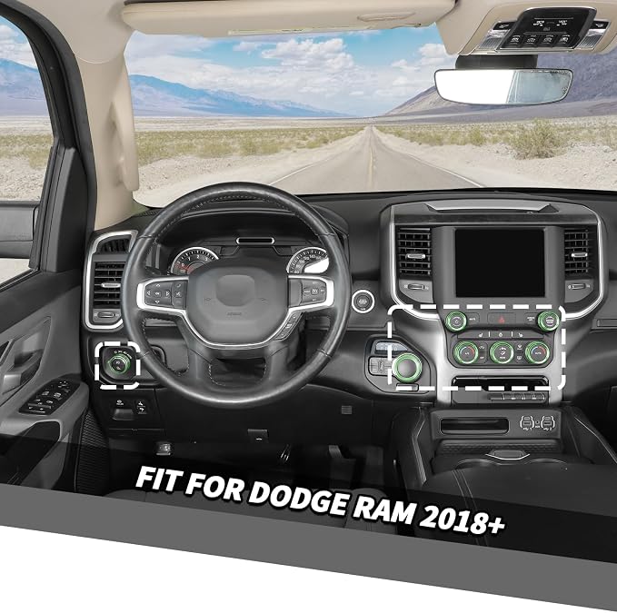 Jimen for Ram Center Console Knob Covers, 7PCS AC Air Conditioner Audio Volume Button & Headlight Switch & 4WD Shifter Knob Ring Trim Fit for Dodge Ram 2018-2025 (Green)