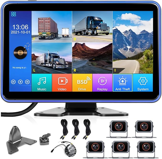 CAMECHO 5 Channel RV Backup Camera Vehicle Backup System with 10.1'' Monitor Touchscreen & 5 Split Display 1080P Backup Cameras, MP5 Player Vehicle DVR Recorder for RV/Truck/Bus/Trailer/Camper/Van