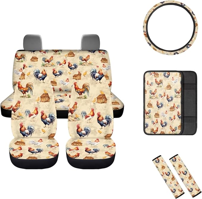 Mumeson Vintage Rooster Car Accessories Full Set of 8pcs Car Seat Covers with Seat Belt Pads, Steering Wheel Cover, Car Armrest Cushion Auto Interior Protector Covers Decor