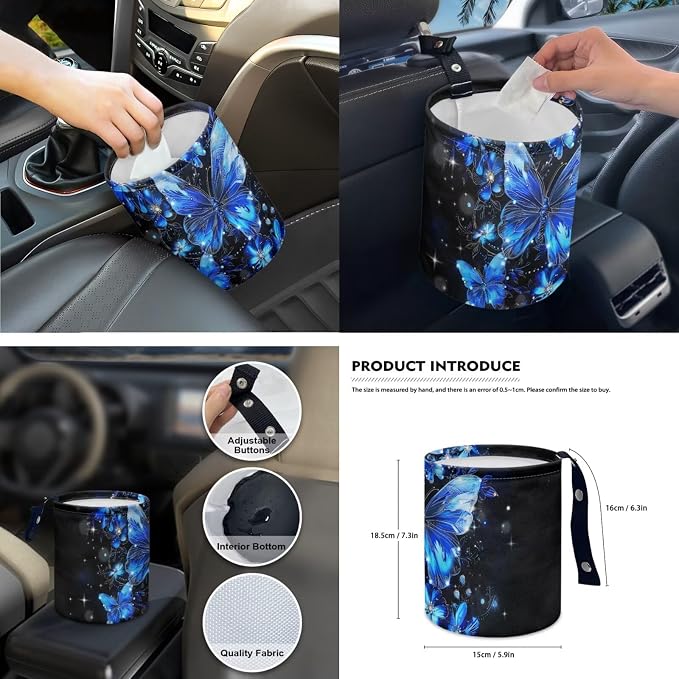 Blue Butterfly Car Seat Covers Full Set for Women Cute Car Accessories Interior Car Steering Wheel Cover Seatbelt Covers Trash Bin Rear View Mirror Cover Cup Holders Keychain