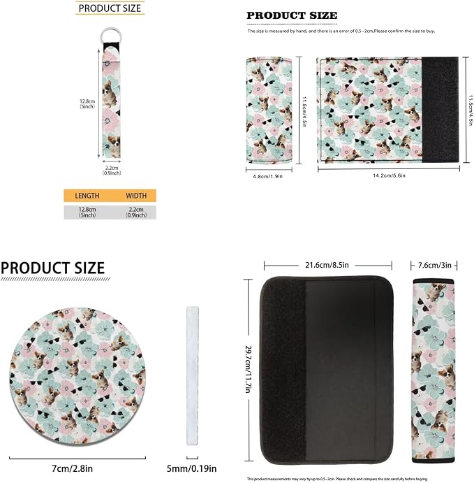 Cute Dog Flower 17 Pcs Car Accessories Seat Covers Full Set Steering Wheel Cover Floor Mats Center Console Pad Cup Holders Seat Belt Pads for Women Men Car Interior Decor