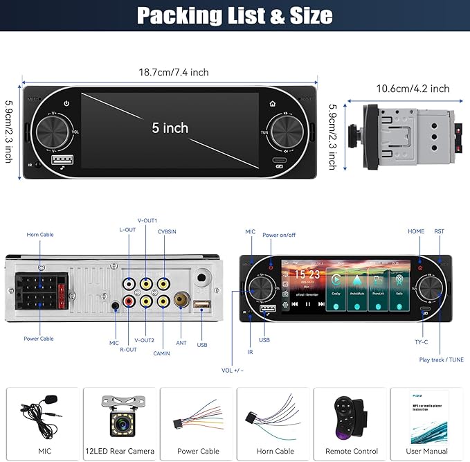 Single Din Touchscreen Car Stereo with Wireless Carplay&Android Auto,5.1" Car Radio MP5 Player with Bluetooth FM Radio EQ Car Audio with USB/Type-C SWC+Backup Camera