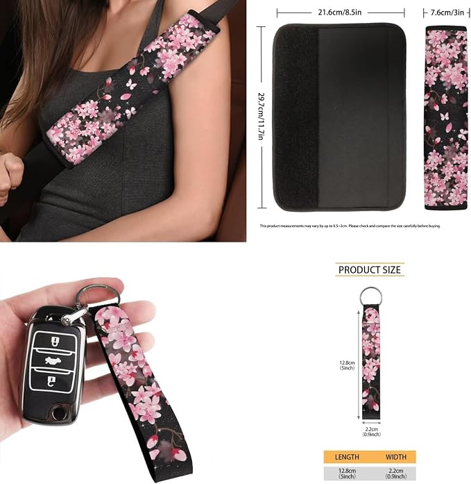 15 Pcs Cherry Blossoms Car Seat Cover Full Set for Women with Car Steering Wheel Cover Seat Belt Cover Trash Bin Front Rear View Mirror Car Cup Holder Keychain