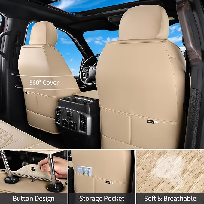 Huidasource F150 F250 F350 Front&Rear Leather Seat Covers Fit for 2015-2026 Ford F150 SuperCrew & 2017-2026 F250 F350 F450 Super Duty Crew Cab XL XLT Lariat King Ranch Platinum(Full Set/Beige)