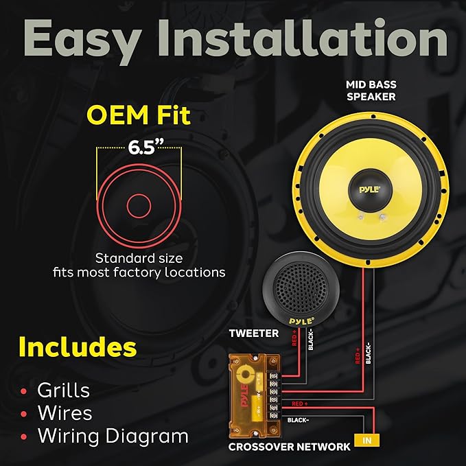 Pyle 2 Way Custom Component Speaker System - 6.5” 400 Watt, with Electroplated Plastic Basket, Butyl Rubber Surround & 40 Oz Magnet Structure - Wire Installation Hardware Set Included - PLG6C, Yellow