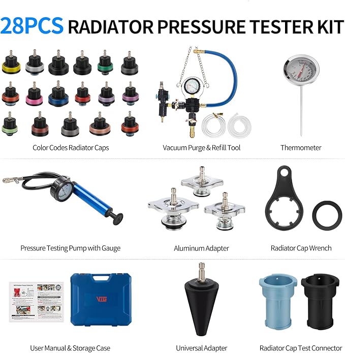 VTG VOGTEN 28PCS Coolant Pressure Tester & Vacuum Refill Kit,Radiator Pump Pressure Tester Kit for Automotive Cooling System Water Tank Leakage Detection