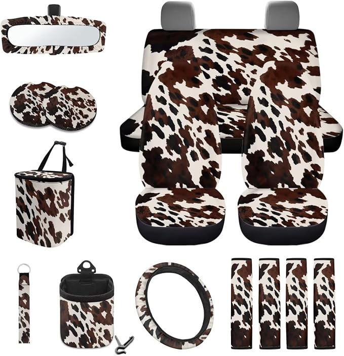 Wanyint Black Brown Cow Print 15 Pieces Car Seat Cover Set with Auto Steering Wheel Cover Seat Belt Strap Protector Cup Holder Trash Bag Air Vent Storage Pocket Rear View Mirror Protector Keychain