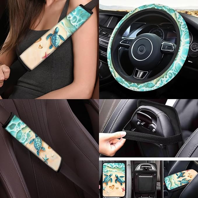 Sea Turtle Car Cover Seat Full Sets of 17 Pcs Green Sea Turtle Car Accessories Set with Steering Wherl Cover Seat Belt Cover Pad Car Mats Full Set Animal Vehicle Seat Covers Accessories