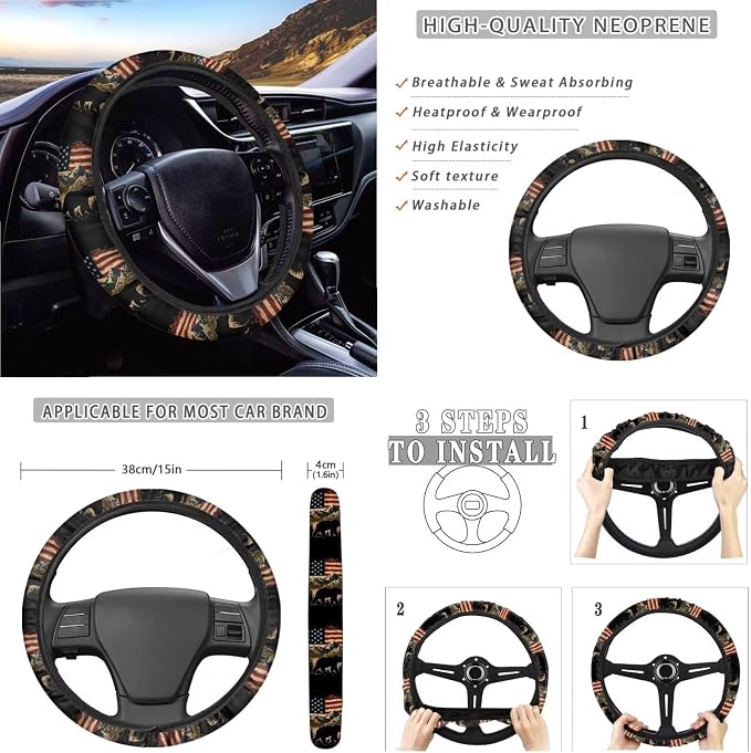 Suobstales Bear Mountain American Flag Print Car Accessories with Car Front Rear Split Seat Covers, Seat Belt Pads + Steering Wheel Cover + Coaster + Keyrings for Women Men Set of 11-Pcs