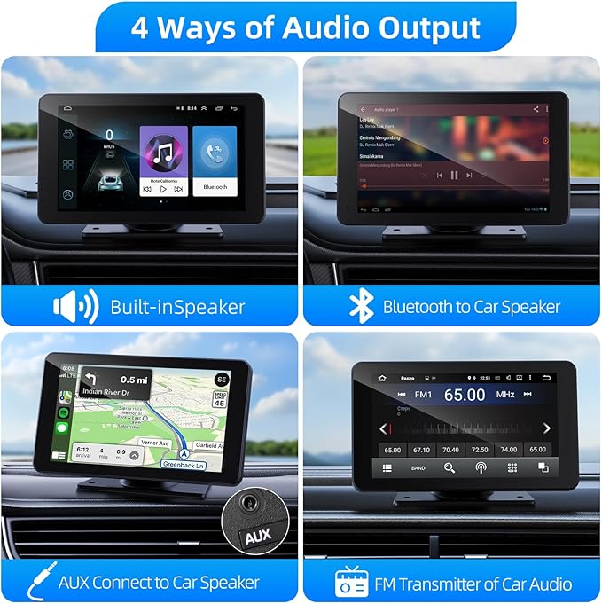 VUKARUAL Wireless Carplay and Android Auto Screen for Car, 7" HD Portable Touch Screen Car Stereo with Bluetooth, Backup Camera, Navigation, Mirror Link for All Vehicles