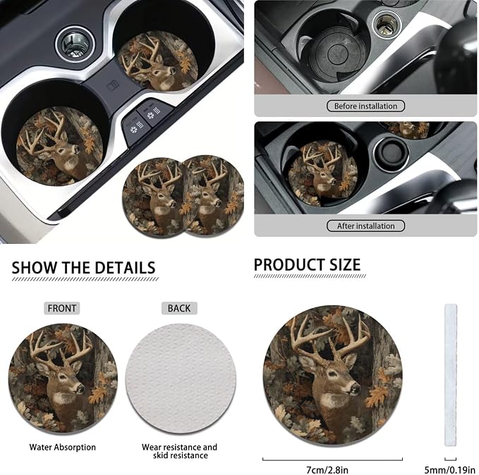 KEIAHUAN Deer Camo Hunting Car Seat Covers Full Set Front Rear Seat Covers Handbrake and Gear Shift Knob Cover,Headrest Covers,Steering Wheel Cover,Head Rest Cover,Coasters 11 PCS