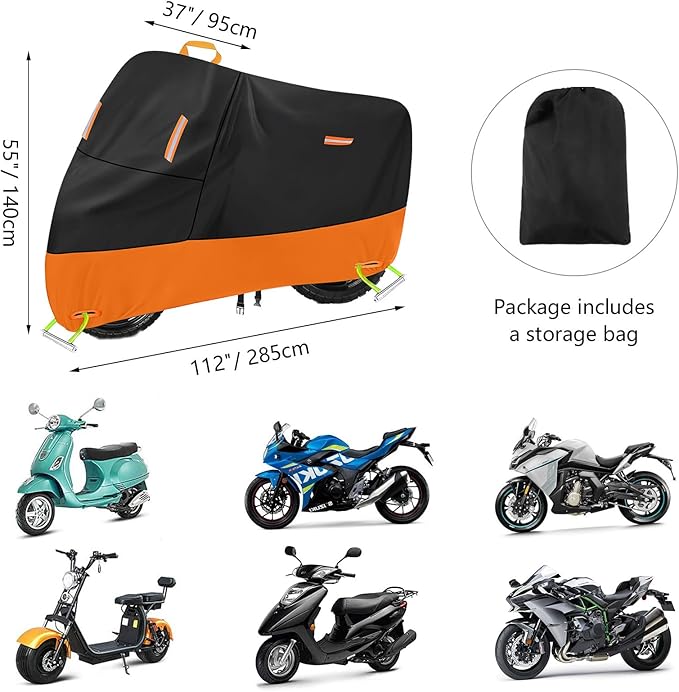 Motorcycle Cover 300D Oxford Motorcycle Covers Waterproof Outdoor Storage Fit up to 110 inch Sportster Road King Street Glide Honda Goldwing Vulcan Yamaha (4XL: 108" x 37" x 55")