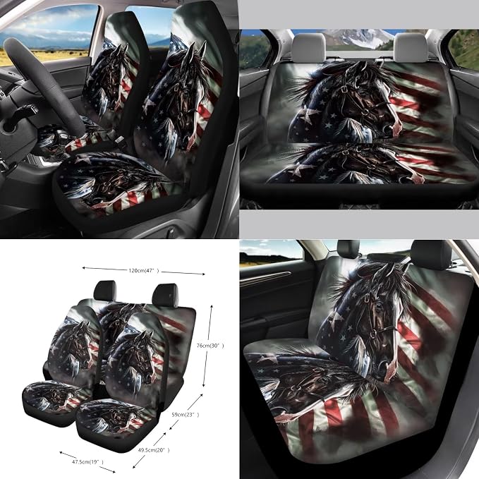 Horse American Flag Pattern Automobile Interior Sets Front and Rear Seat Covers for Cars Steering Wheel Cover Seat Strap Pads Rubbish Can Cup Coasters Air Outlet Pocket