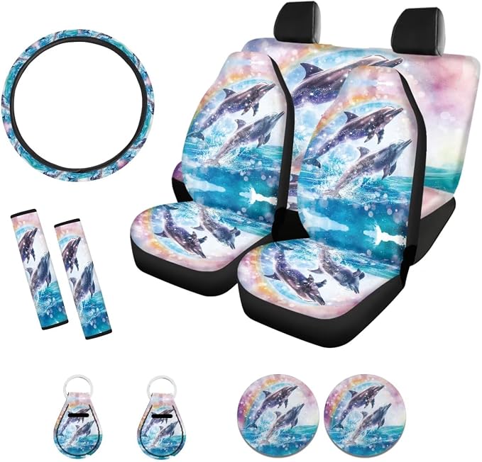 Xoenoiee Dolphin Rainbow Pattern 11 Pieces Car Seat Covers Interior Accessories Set Universal Fit with Steering Wheel Cover, Seat Belt Pads, Keychain, Cup Coasters