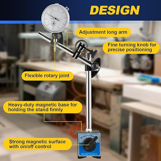 DASBET Dial Indicator with Magnetic Base Holder, Magnetic Dial Indicator Base Holder Fine Adjustable Long Arm 0-10mm Measuring Range Tester Gage Metric Dial Test Indicator Professional Gauge 0.01mm