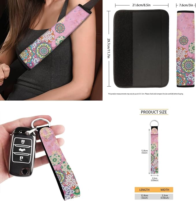 Pink Mandala Car Accessories Auto Seat Covers Full Set of 15 with Steering Wheel Cover, Seat Belt Pads, Trash Can, Coaster, Rearview Mirror Cover, Keychains for SUV Van