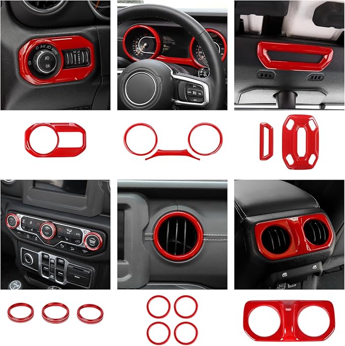 CheroCar Red 20PCS Interior Trim Kit for Jeep Wrangler JL JLU & JT Gladiator 2018-2023,Dashboard,Steering Button Frame,AC Switch,Roof Speaker,Reading Light,Headlight Switch,Rear Air Vent Trim