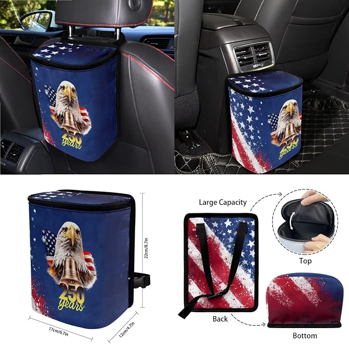 Wanyint 15 PCS Car Seat Covers Set, with Steering Wheel Rear View Mirror Seat Belt Cover Trash Bin Sunglass Pocket Coasters Key Chain US 250th Anniversary Car Accessories, American Flag Eagle Splash