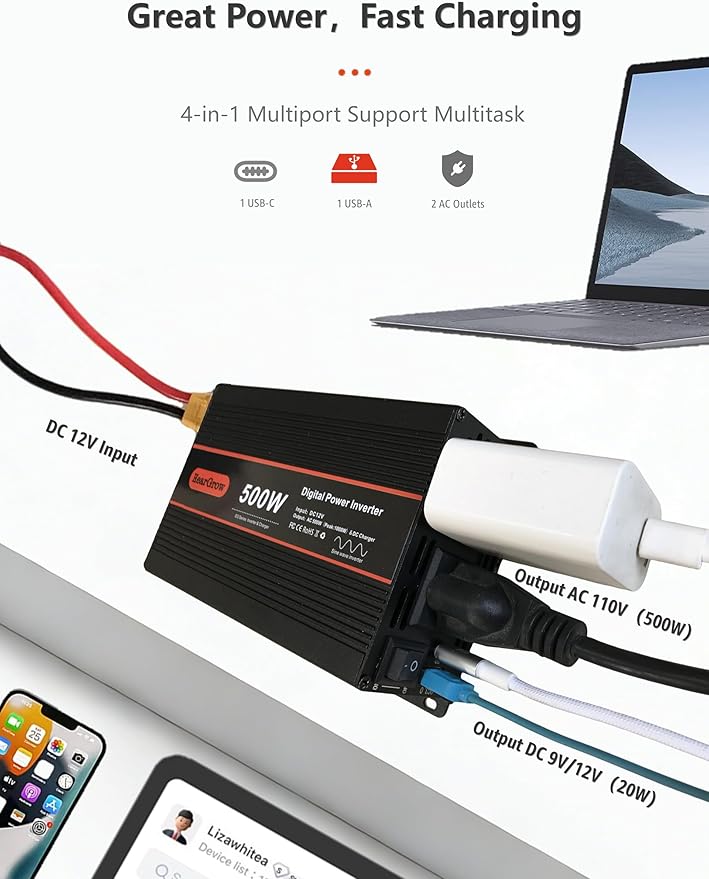 500W Pure Sine Wave Power Inverter DC 12V to AC 110V with 2 AC Outlets,1 USB-A and 1 USB-C Ports for Car, RV, Truck