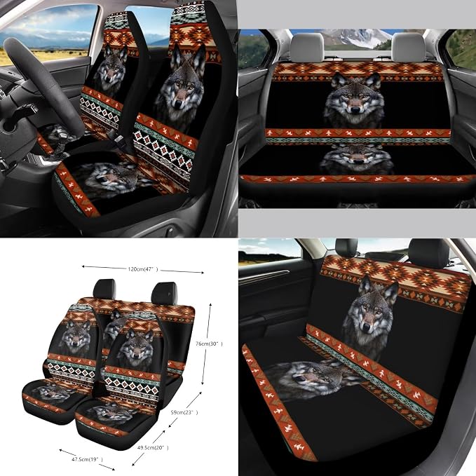 Aztec Wolf Car Front Back Seat Covers Full Set with Steering Wheel Cover Safe Belt Pads Cup Coasters Garbage Cans Rear View Mirror Cover Keychain Air Vent Storage Case, Set of 15