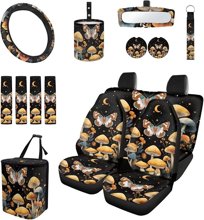 Butterfly Moon Mushroom Car Seat Covers Set of 15 with Universal Steering Wheel Cover, Rearview Mirror Cover, Car Trash Can, Seatbelt Pads, Cup Holder Coasters, Keychains