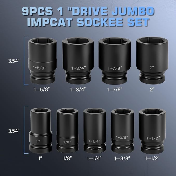 1" Drive Universal Impact Socket Set, 9 Pieces CR-MO Jumbo Socket Set,SAE Sizes (1",1-1/8",1-1/14",1-3/8",1-1/2",1-5/8",1-3/4",1-7/8",2"),6 Point with Adapter and Red Organizer