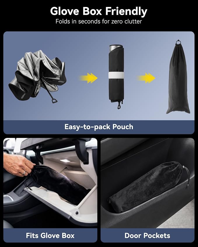3W Windshield Sun Shade Umbrella, Large 63" x 32.3" – Graphene Coating Heat Shield, Spring Structure Edge – Protect Car Interior from Sun Rays & Heat Damage, Keep Cool