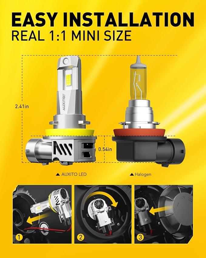 AUXITO H11 LED Bulbs, 50000LM 900% Super Bright, 60000+ Hours Life Service, 6500K Cool White, 1:1 Mini Size Wireless H8 H9 Fog Light Halogen Replacement, Plug & Play, Pack of 2