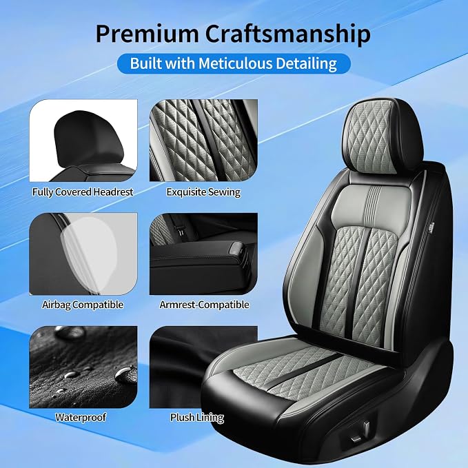 Fit CTS Car Seat Covers for Select Cadillac CTS 2003-2019, Premium Full Coverage Leather, Airbag Compatible & Scratch-Resistant, Waterproof & All Weather Seat Protector, Front Pair Black+Gray