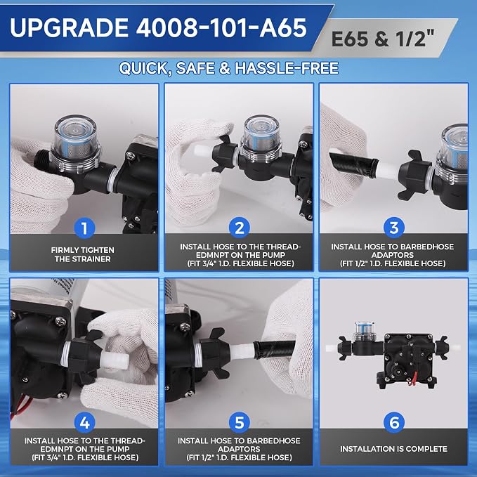 12V RV Water Pump 4008-101-A65/E65 | 3.0 GPM - 55 PSI | Camper RV Water Pump | Self-Priming & Quiet Diaphragm Pump | Thermal Protection & Dry Run Safe | Includes Twist-On Strainer + Quick Fittings