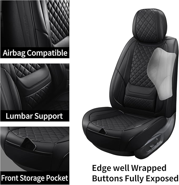 Leather Car Seat Covers Full Set Breathable Automotive Seat Covers Waterproof Seat Protectors Universal Fit for Most Automotive Cars SUV Trucks Van (Black, Full Set)