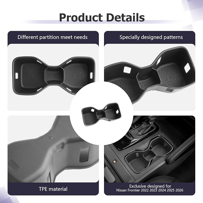 LUWU 2025 2026 Frontier Center Console Cup Holder Compatible with 2022 2023 2024 2025 2026 Nissan Frontier Premium TPE Cup Holder Spill-Proof, Easy Install & Clean, Black Interior Accessories