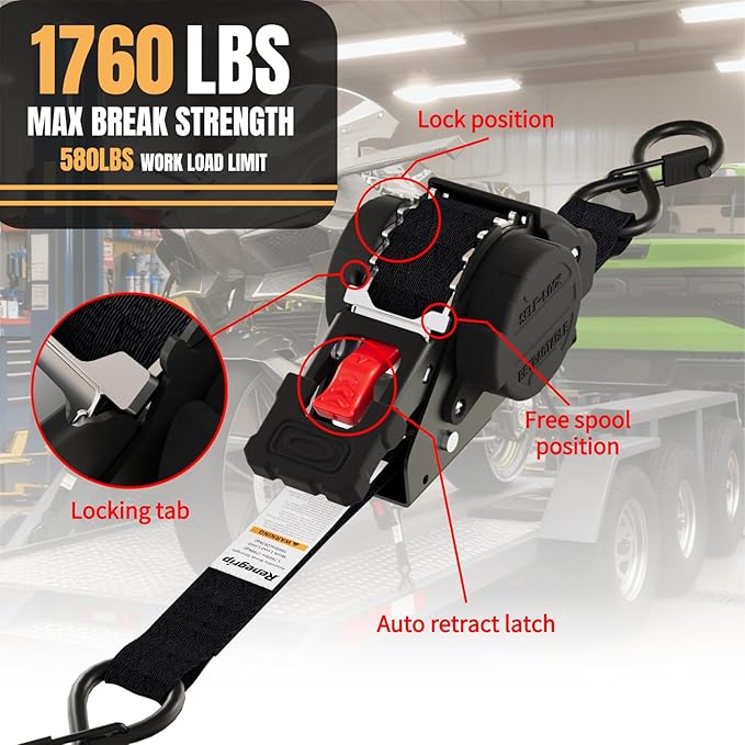 Retractable Ratchet Straps Heavy Duty Tie Down 1''*12ft Breaking Strength 1760LBS Cargo Securing System, for Motorcycle, Jetski, Kayak(2 Pack,Black)