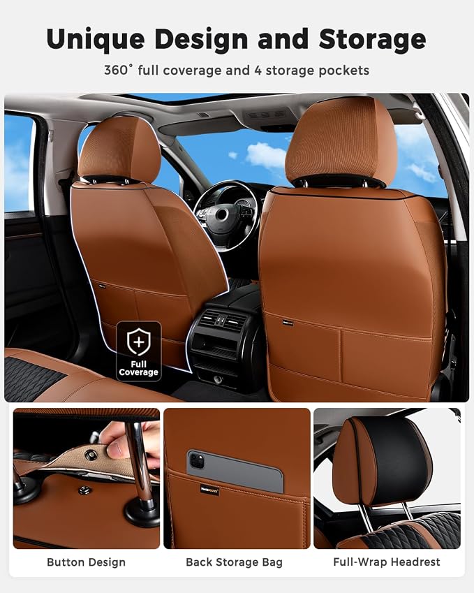 Huidasource Seat Covers, Luxury Nappa Leather Car Seat Covers Full Set with Velcro Adjustable, Airbag, Lumbar Support, Cooling＆Heating, Brown Car Seat Cover Fit for Most Cars SUV Trucks, Brown＆Black