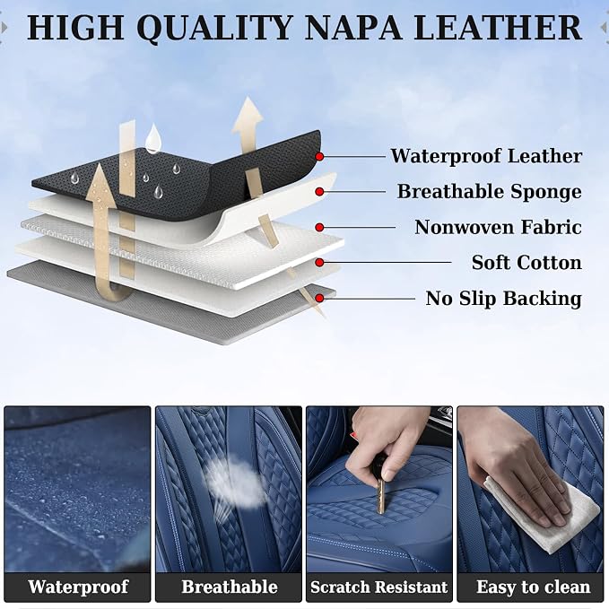 Coverado Car Seat Covers, Rear Car Seat Cover, Blue Leather Seat Cover, 3-Pieces Car Seat Cushion, Luxury Seat Cover Seat Protector Universal Fit Most Cars