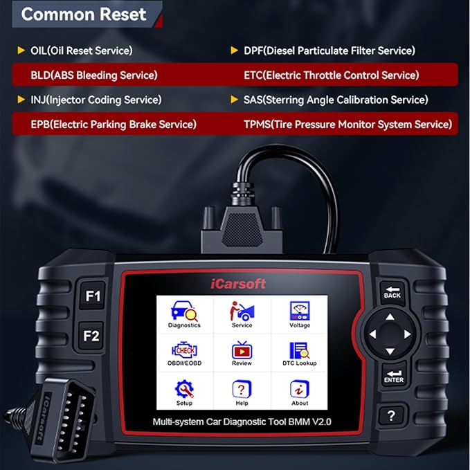 iCarsoft OBD2 Scanner Diagnostic Tool for BMW/VW/Audi, BMM V2.0 (Enhanced Ver) All System 9 Maintenance Resets Battery Registration/Battery Test Code Reader Auto VIN -16PIN OBDII Adapter