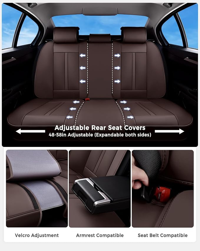 Huidasource Coffee Back Seat Cover Luxury Nappa Leather, Rear Seat Cover with Velcro Adjustable, Ventilation Holes, Child Seats, Seat Covers Waterproof Universal Fit for Most Cars SUV Trucks, Coffee