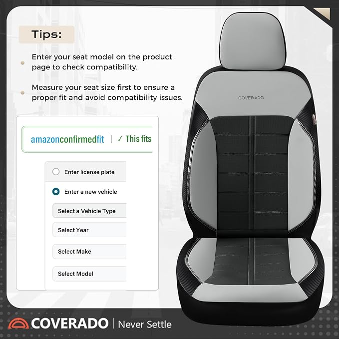 Coverado Front Seat Covers 2 Pieces Universal Seat Cover for Cars Breathable Leather Waterproof Car Seat Cover Driver Seat Cover Automotive Car Seat Cushion Fit for Most Cars SUV Trucks, Gray&Black