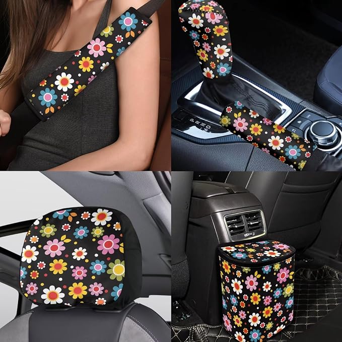 BIGCARJOB 15 Pcs Stylish Daisy Car Interior Sets for Women Car Seat Cover Vehicle Bucket Seat Cover Full Set Trash Can Car Seat Headrest Pillow Cover Seat Belt Pads