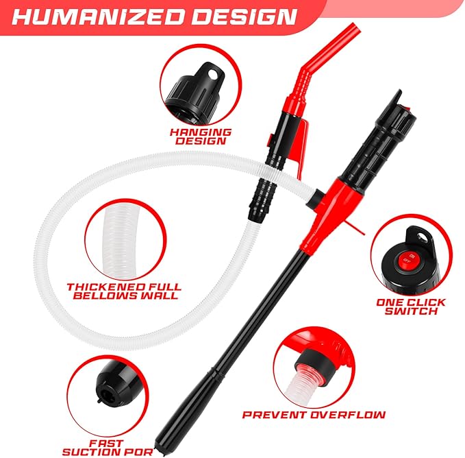 Portable Transfer Pump Battery Operated Electric Siphon Pump for Gas, Fuel, Diesel, Water Transfer 2.4 GPM Flow Oil Extractor, 47 Inches Hose-Easy to Use Hand Fuel Pump, Multi-Use Transfer Pump(Red)