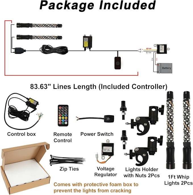 2 Pack 1FT Golf Cart Front Rail Whip Lights, LED Light Bluetooth App & Remote Control, Spiral RGB Music Chasing Lighted with Turn Reverse Brake Signal for 36V/48V/72V (Included DC Converter)