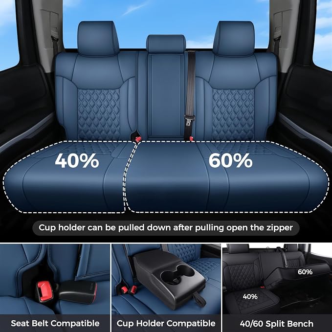 Huidasource fit for Toyota Tundra Seat Covers, Nappa Leather Truck Seat Covers, 360° Full-Coverage Toyota Seat Cover 2014-2021 CrewMax, Compatible with armrest airbags (Full Set/Blue)