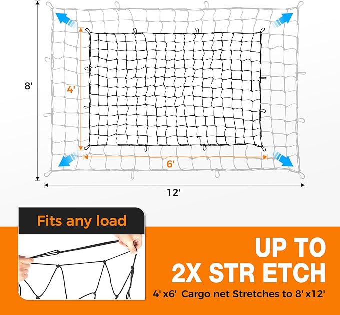 Cargo Net for Pickup Truck Bed 4'x6' (Stretches to 8'x12') - Bungee Mesh with 12 Tangle-Free Carabiners & Storage Bag, Universal Truck Bed Accessories for SUV, Trailer, Tarp Cover