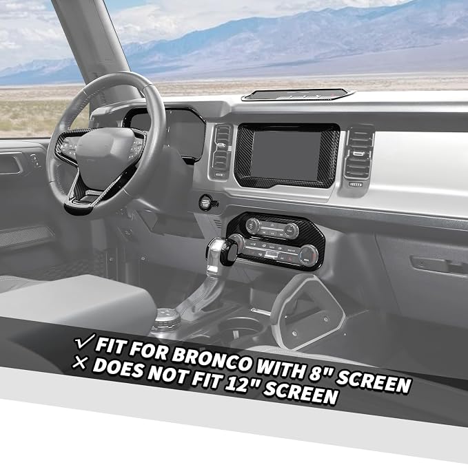 Jimen Fit for 2021-2024 Ford Bronco with 8″ Screen, 8PCS Carbon Fiber Interior Kits - Dashboard Cover, Air Conditioning Control Panel, Gear Shift Knob Cover, Engine Start Stop Button Trim